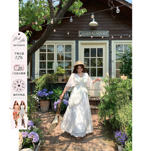 安妮不火 似水梨花浪漫重工蕾丝绣花仙裙女微胖大码设计感连衣裙