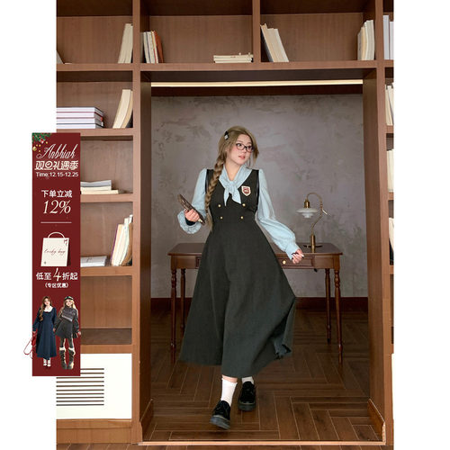 安妮不火 学院风TR西装料条纹拼接连衣裙女秋微胖大码假两件裙子