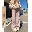 重工直筒牛仔裤 安妮不火甜酷感加绒洗水做旧豹纹牛仔裤 女微胖大码