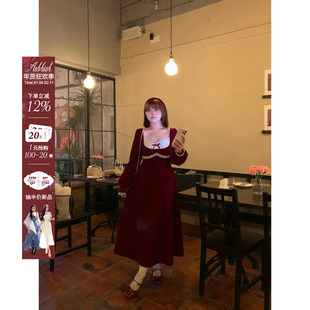 安妮不火港平绒细闪手工钻链领连衣裙女微胖大码收腰蝴蝶结年会裙