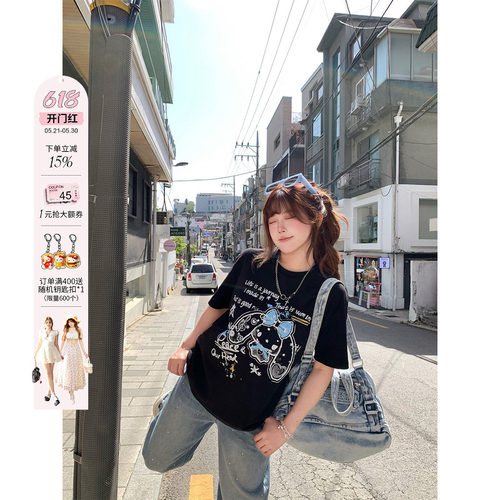 安妮不火 91.4%棉设计感涂鸦印花宽松T恤女微胖大码显瘦短袖上衣