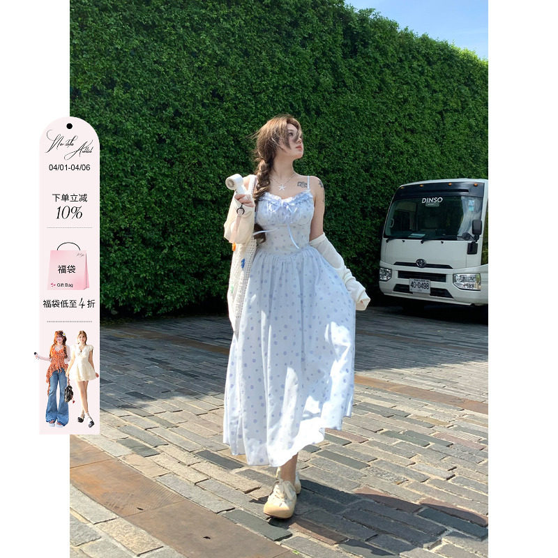 安妮不火 甜美海边度假风木耳边碎花吊带裙女微胖大码温柔连衣裙