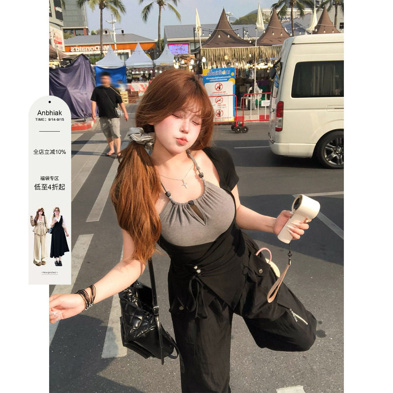 安妮不火 串珠绑带撞色假两件高弹针织T恤女微胖大码拼接收腰上衣图片