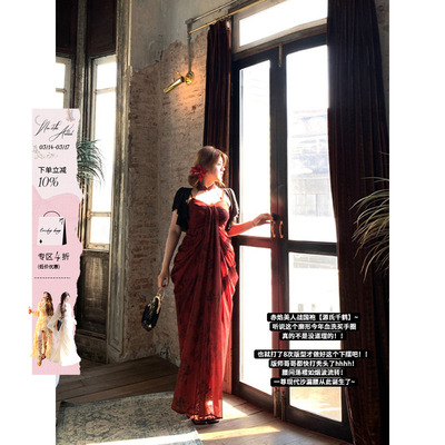 安妮不火 源氏千鹤串珠立领印花连衣裙微胖大码新中式国风长裙子