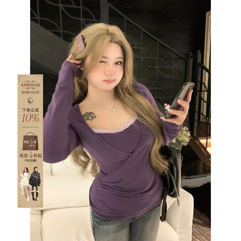 安妮不火 时髦设计感假两件高弹针织T恤女秋微胖大码甜欲收腰上衣