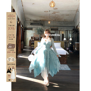 安妮不火 仙女裙两件套 青杼纨扇荷叶边晕染网纱吊带裙女微胖大码