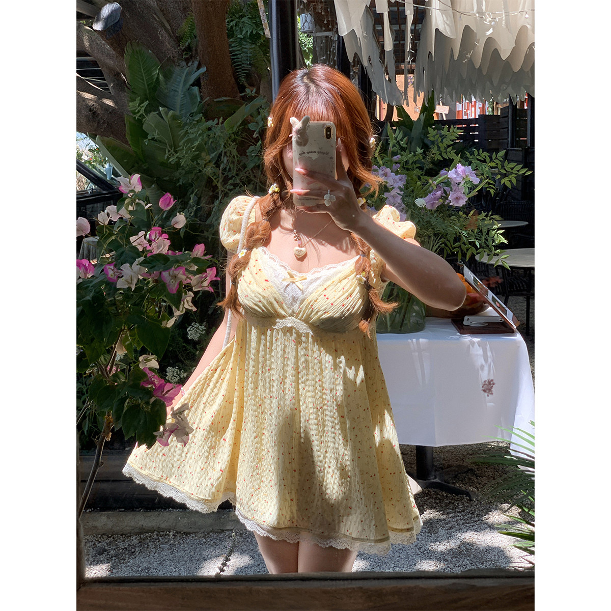 安妮不火 肌理感褶皱碎花蕾丝拼接连衣裙女微胖大码高腰显瘦裙子