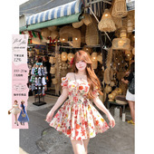 文艺收腰裙子 连衣裙女微胖大码 安妮不火 度假风高饱和印花泡泡袖