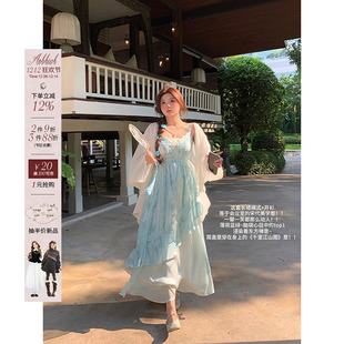 安妮不火纸舟渡松烟蕾丝花边扎染吊带裙女夏季 国风裙 微胖大码 新款