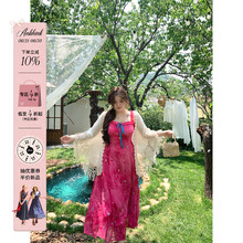 安妮不火 莫奈玫瑰阶扎染绣花雪纺连衣裙女微胖大码收腰吊带裙子