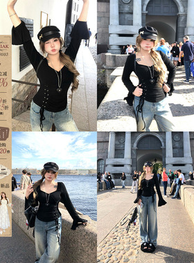 安妮不火 绝美荷叶袖绑带T恤女秋冬新款微胖大码手工缩褶纯欲上衣