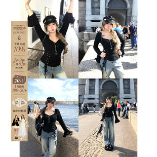 微胖大码 绑带T恤女秋冬新款 手工缩褶纯欲上衣 绝美荷叶袖 安妮不火