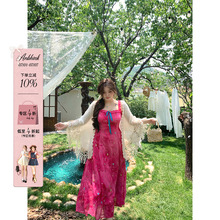 安妮不火 莫奈玫瑰阶扎染绣花雪纺连衣裙女微胖大码收腰吊带裙子