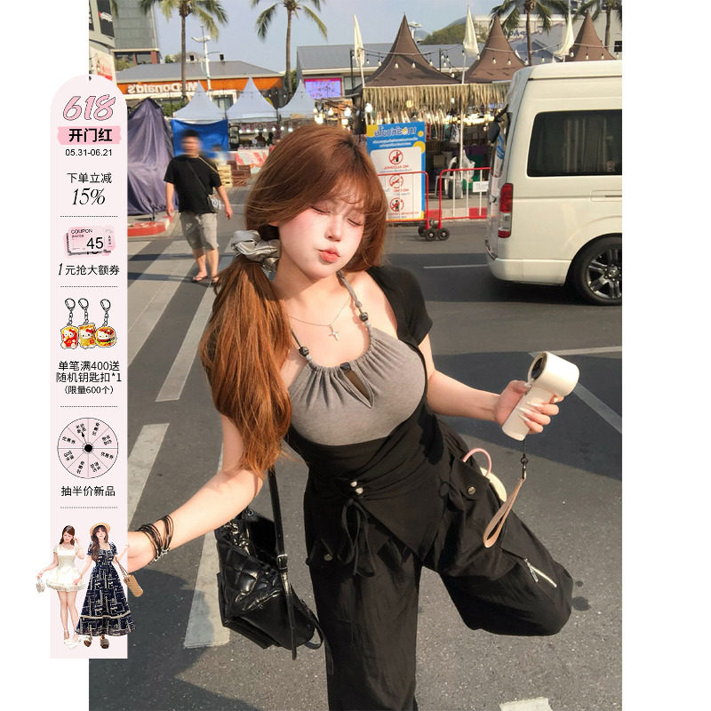 安妮不火 串珠绑带撞色假两件高弹针织T恤女微胖大码拼接收腰上衣