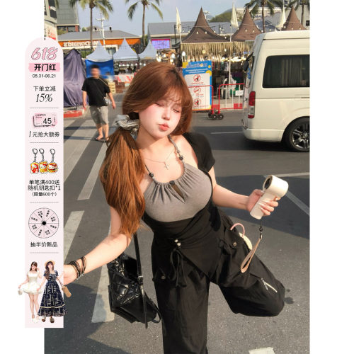 安妮不火 串珠绑带撞色假两件高弹针织T恤女微胖大码拼接收腰上衣