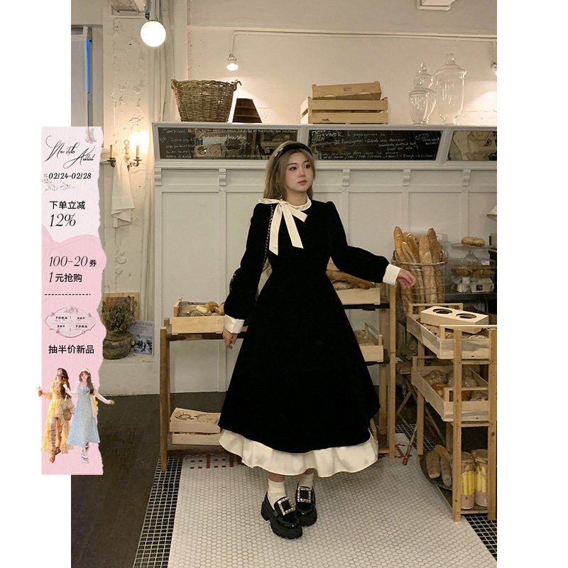 安妮不火 撞色蝴蝶结连衣裙女2025秋季法式荷叶边微胖显瘦小黑裙