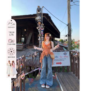 微喇裤 女微胖收腰大码 复古甜辣风蝴蝶结口袋喇叭牛仔裤 安妮不火