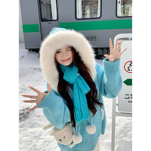 安妮不火 甜美连帽毛领北极绒毛织外套女微胖大码大毛领毛织开衫