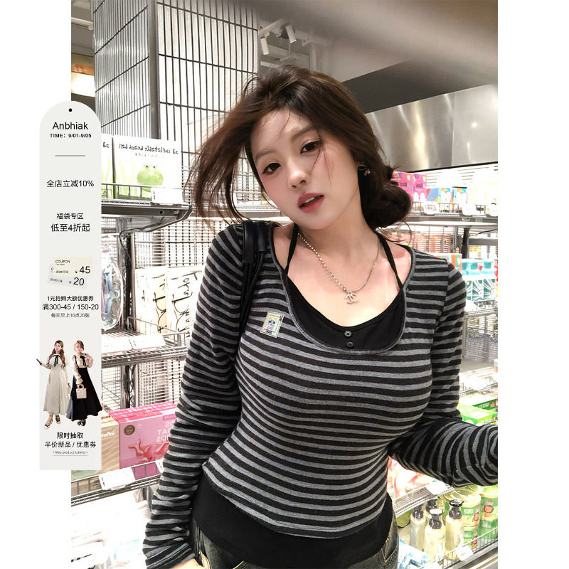 安妮不火小猫章仔撞色条纹绑带针织衫女微胖大码收腰显瘦长袖上衣图片