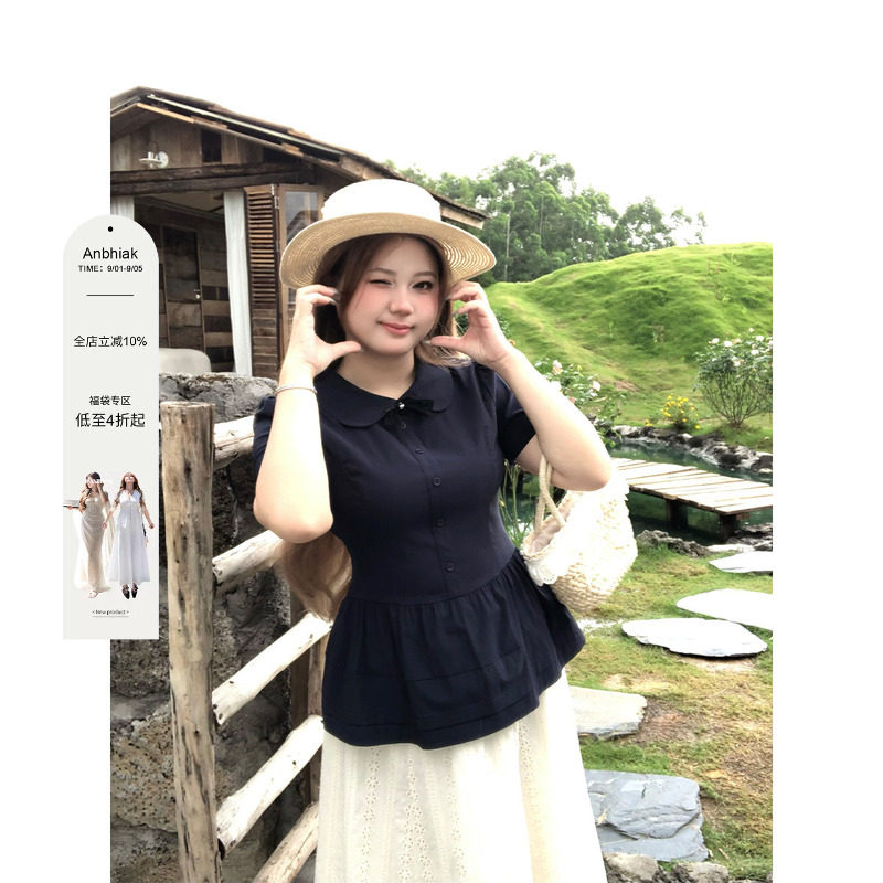 安妮不火 告白手信学院派冰感娃娃领衬衫女微胖大码收腰短袖上衣图片