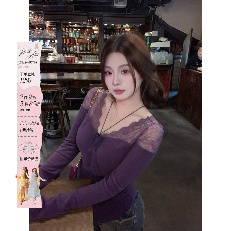 安妮不火 蕾丝拼接领高弹双面磨毛针织T恤女微胖大码半透视小上衣