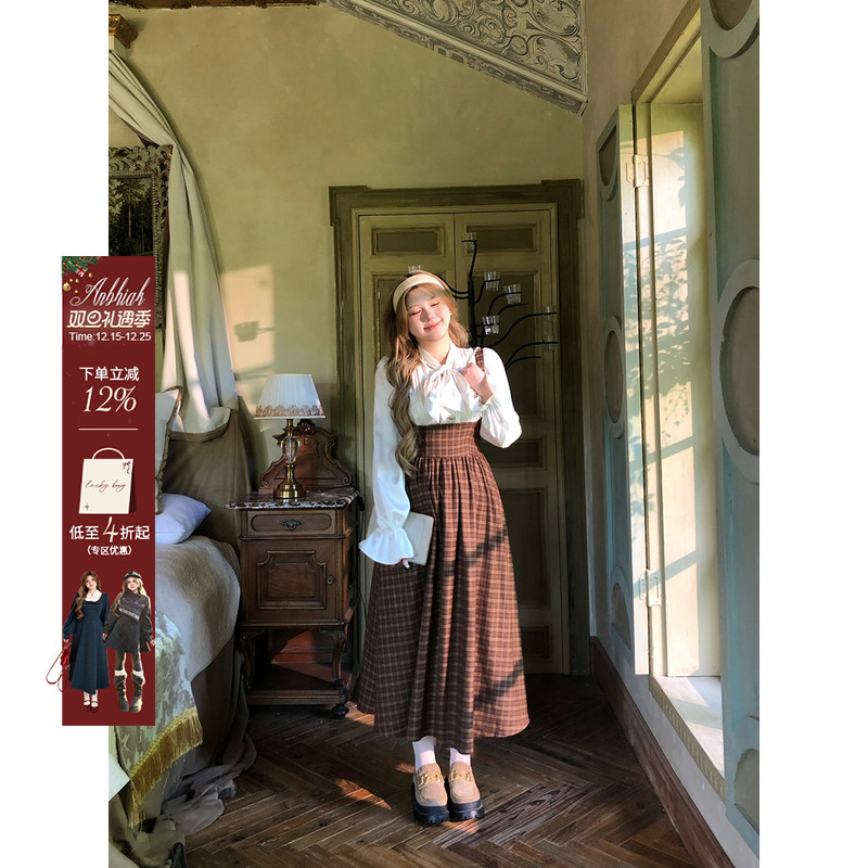 安妮不火 显白焦糖栗子色格纹拼接系带长裙女微胖大码学院连衣裙