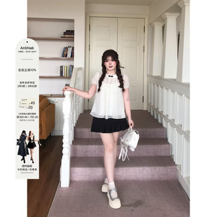 安妮不火 娃娃领波点雪纺衫+百褶裙套装女微胖大码韩系甜美两件套