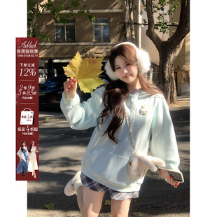 安妮不火猫咪胸针复合奥粒绒连帽卫衣女微胖大码可爱保暖卫衣外套