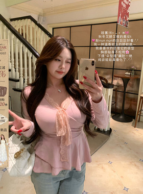 安妮不火 温柔系蕾丝边V领收腰磨毛针织衫女微胖大码韩系长袖上衣