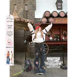 女微胖大码 安妮不火 美式 图章印花多口袋直筒牛仔裤 子 痞酷牛仔裤