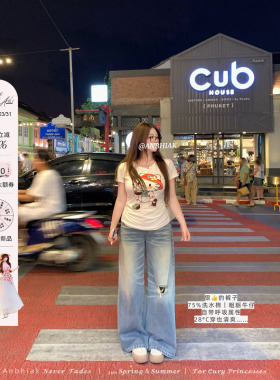 安妮不火75洗水棉猫须纹破洞阔腿牛仔裤女微胖大码宽松显瘦牛仔裤