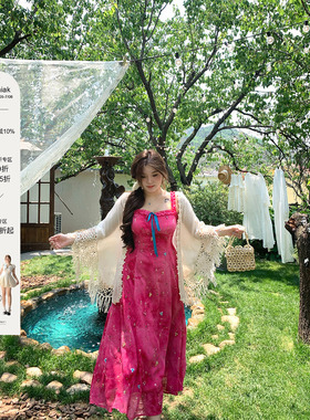 安妮不火 莫奈玫瑰阶扎染绣花雪纺连衣裙女微胖大码收腰吊带裙子