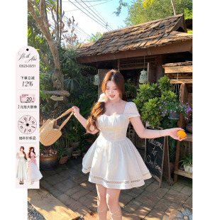 安妮不火初恋感蕾丝花边泡泡袖 小方领收腰裙 棉感小白裙女微胖大码