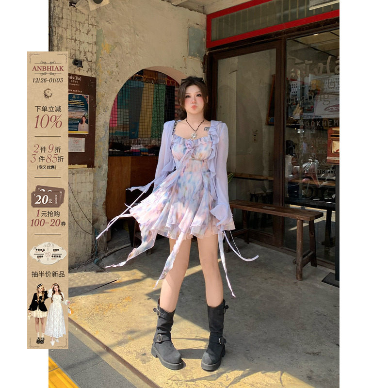 安妮不火 氛围感油画碎花雪纺裙女2025春夏新款微胖大码吊带裙子