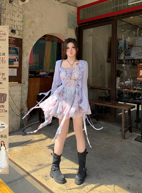 安妮不火 氛围感油画碎花雪纺裙女2025春夏新款微胖大码吊带裙子