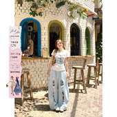 安妮不火汐沫蓝盐松紧腰破洞牛仔弯刀裤 女微胖没打浅色洗水牛仔裤