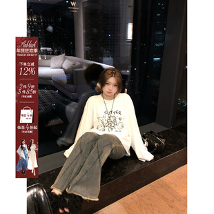 安妮不火 俏皮减龄手工狗狗印花宽松T恤女秋微胖大码美式显瘦上衣