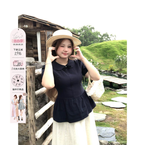 安妮不火 告白手信学院派冰感娃娃领衬衫女微胖大码收腰短袖上衣