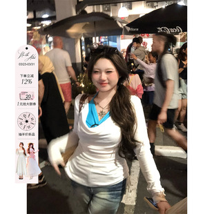 纯欲长袖 微胖大码 甜辣风撞色假两件上衣女2025春夏新款 安妮不火