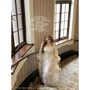 安妮不火 收腰公主裙子 羽毛绳绣欧根纱绑带蕾丝连衣裙女微胖大码
