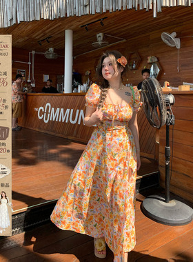 安妮不火海边度假纯棉碎花长裙女2025春夏新款微胖大码收腰连衣裙