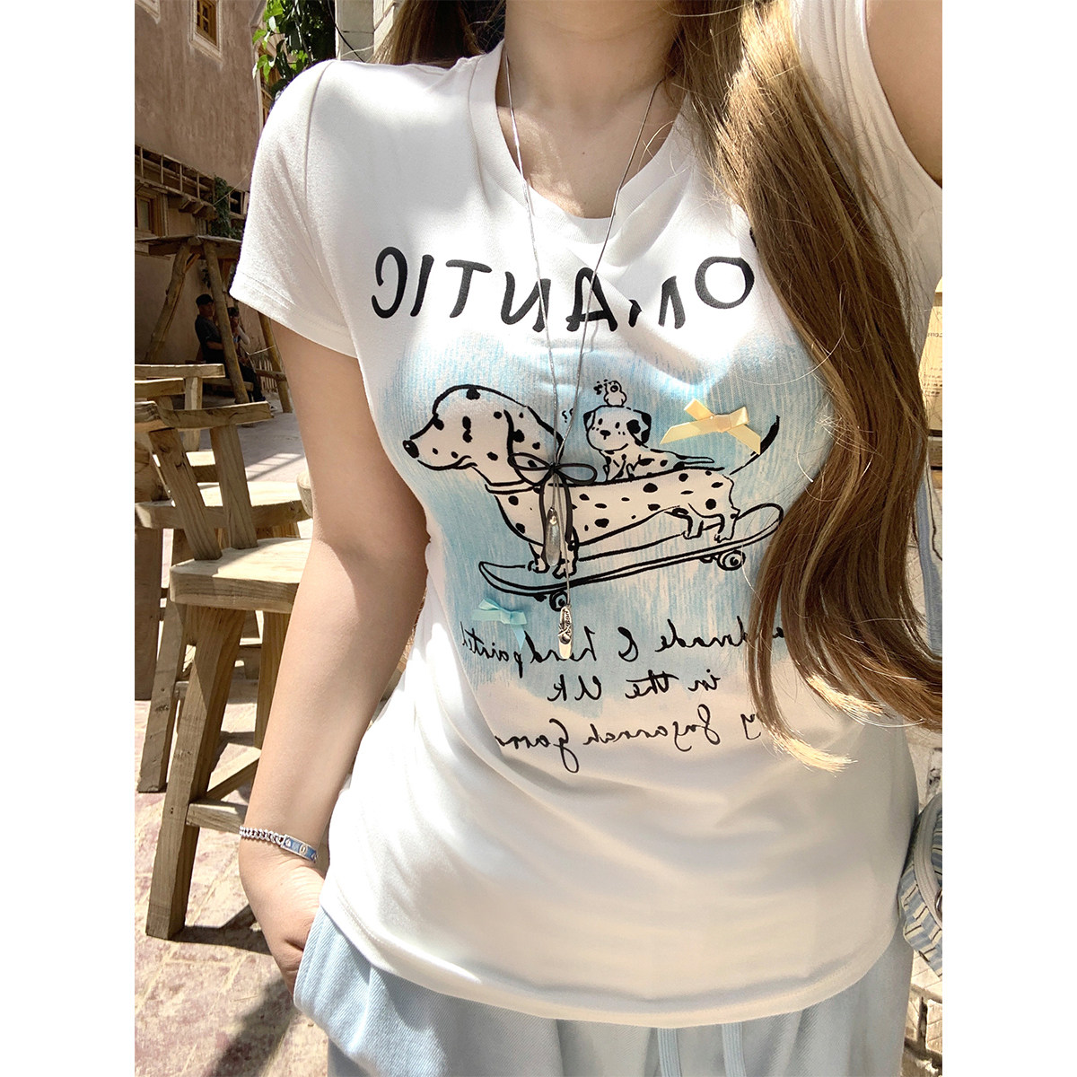 安妮不火 氣水海盐番甜酷斑点狗印花T恤女夏微胖大码收腰短袖上衣