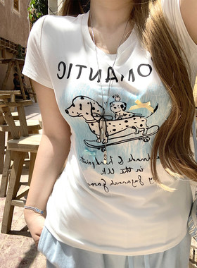安妮不火 氣水海盐番甜酷斑点狗印花T恤女夏微胖大码收腰短袖上衣