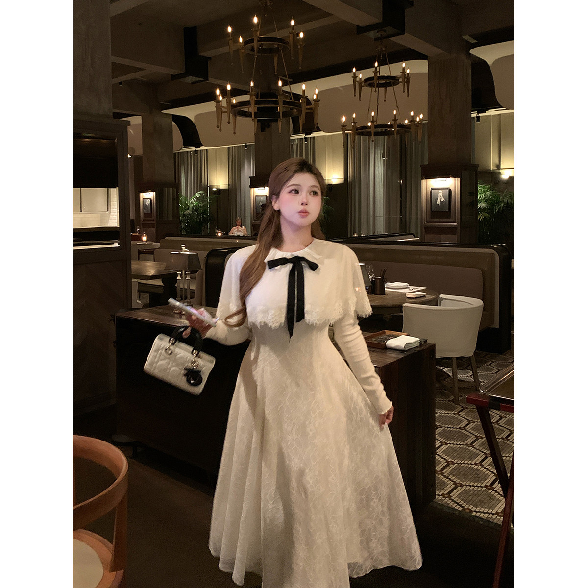 安妮不火 古典斗篷式蕾丝拼接绑带连衣裙女微胖大码秋季千金裙子