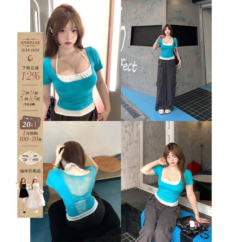 安妮不火 蝶漏锁光背氛围感后背蕾丝T恤女微胖大码纯欲上衣两件套