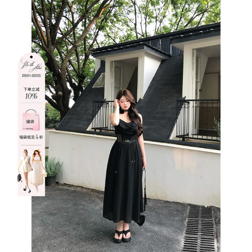 安妮不火 墨羽纤腰高级感收腰荡领吊带裙女微胖大码黑色吊带长裙