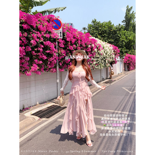 安妮不火 甜美荷叶边开叉吊带雪纺连衣裙女微胖大码渡假风两件套