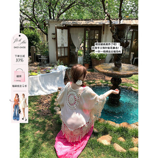 安妮不火 女微胖大码 防晒披肩开衫 手作绾羽竹节肌理钩花流苏开衫