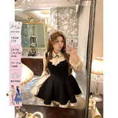 安妮不火 假两件千金裙子 钉钻娃娃领缎面拼呢料连衣裙女微胖大码