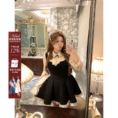 安妮不火 钉钻娃娃领缎面拼呢料连衣裙女微胖大码 假两件千金裙子